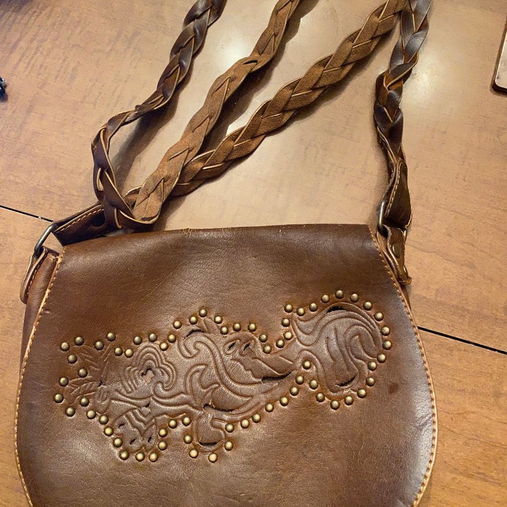 1970s leather purse, tooled leather hippie bag